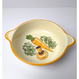 1970s LA Potteries Round Ovenware Casserole Yellow Mushroom Carrots Signed